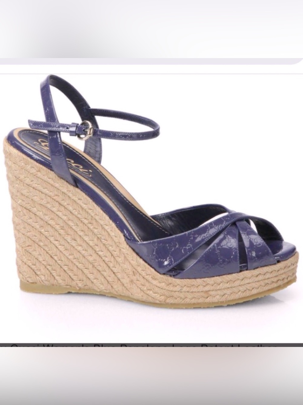 GUCCI “Penelope” GG Patent Leather Espadrille Wedge Sandals in Microguccissima